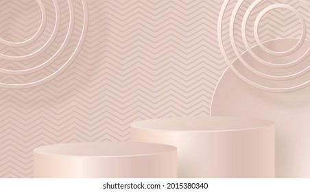 Round podium stage with nice and creative symbols and paper cut style on pearl color background for cosmetics brand design and advertising