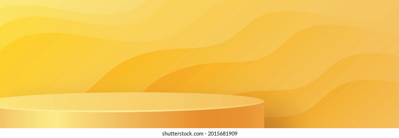 Round podium stage with nice and creative symbols and paper cut style on yellow color background for cosmetics brand design and advertising