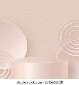 Round podium stage with nice and creative symbols and paper cut style on pearl color background for cosmetics brand design and advertising