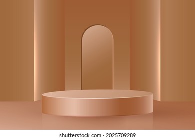 Round podium stage with nice and creative symbols and gold paper cut style on color background for cosmetics brand design and advertising