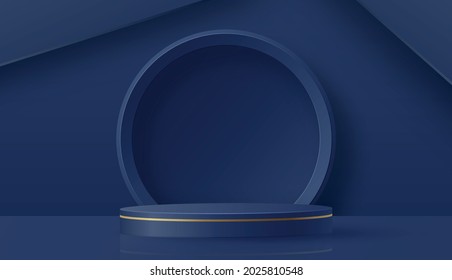 Round podium stage with nice and creative symbols and gold paper cut style on color background for cosmetics brand design and advertising