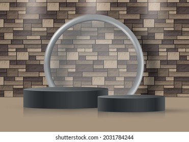 Round podium stage with nice and creative symbols and gold paper cut style on color background for cosmetics brand design and advertising