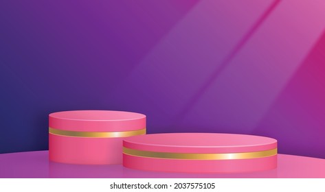 Round podium stage with nice and creative symbols and gold paper cut style on color background for cosmetics brand design and advertising