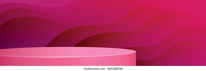 Round podium stage with nice and creative symbols and pink paper cut style on color background for cosmetics brand design and advertising