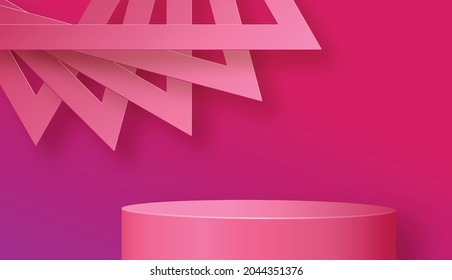 Round podium stage with nice and creative symbols and pink paper cut style on color background for cosmetics brand design and advertising