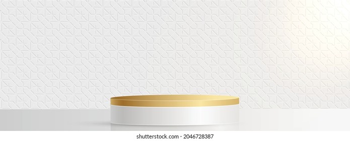 Round podium stage with nice and creative symbols and gold paper cut style on color background for cosmetics brand design and advertising