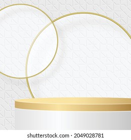 Round podium stage with nice and creative symbols and gold paper cut style on color background for cosmetics brand design and advertising