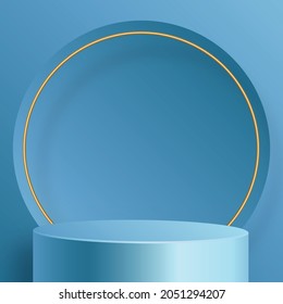 Round podium stage with nice and creative symbols and blue paper cut style on blue color background for cosmetics brand design and advertising