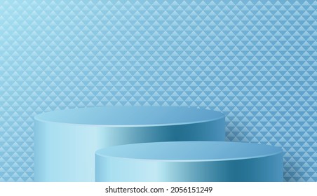Runde Podiumbühne mit schönen und kreativen Symbolen und blauem Papierschnitt auf Farbhintergrund für das Design der Kosmetikmarke und Werbung