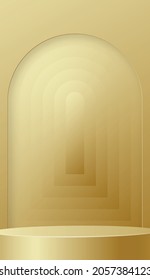 Round podium stage with nice and creative symbols and gold paper cut style on color background for cosmetics brand design and advertising
