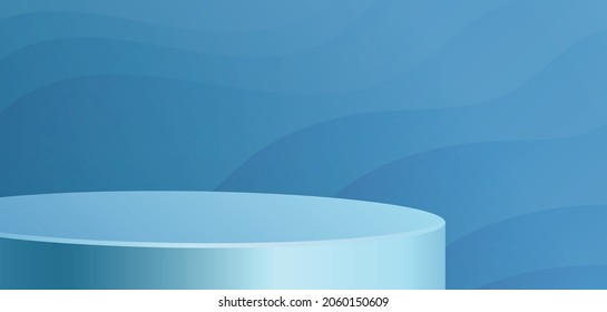 Round podium stage with nice and creative symbols and blue paper cut style on blue color background for cosmetics brand design and advertising