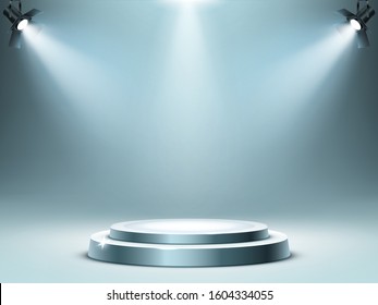 Round podium or stage in rays of spotlights, realistic vector illustration. Pedestal for winner or award ceremony, empty platform for presentation, performance or show at night club, soon coming