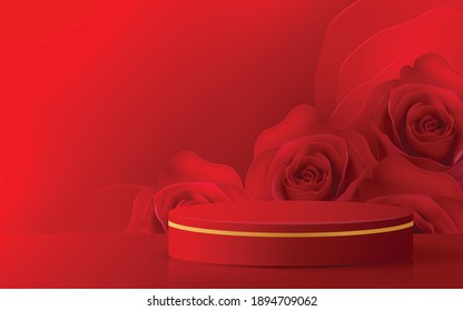 Round podium stage red and gold podium with realistic red roses for product or valentine's day background glittering light effect vector design.