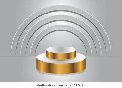 Round podium stage in white and gold with arched ornamental background