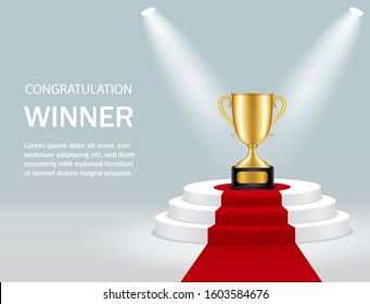 Round podium with trophy cup and spotlight for winner. Realistic pedestal with gold trophy, lights, red carpet for congratulation. Winner competition on scene on blue background. Vector illustration