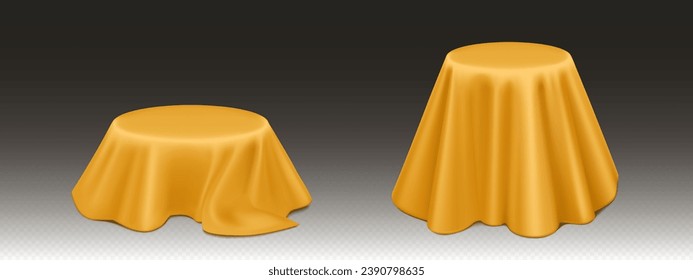 Round podium under golden satin fabric curtain cover. Realistic vector illustration set of gift or surprise that can be reveal and unveil. Product stand hidden in gold silk waved cloth blanket.