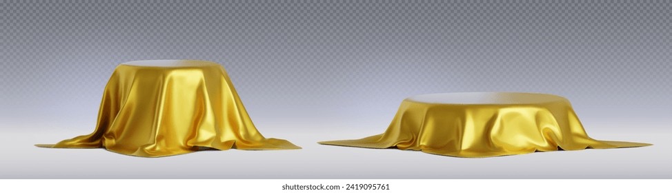 Rund Podium unter goldener Satin-Draperie. Realistische Vektorgrafik-Set von Geschenk oder Überraschung mit Stoffvorhang bedeckt. Plateau- oder Display-Ständer versteckt in goldseidener Tuchdecke.