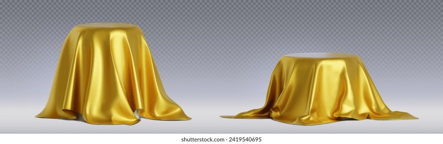 Round podium under golden satin drapery. Realistic vector illustration set of gift or surprise covered with fabric curtain cover. Platform or display stand hidden in gold silk waved cloth blanket.