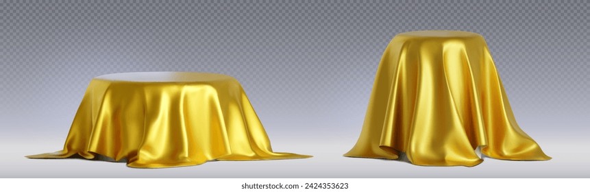 Round podium under golden satin drapery. Realistic vector illustration set of gift or surprise covered with fabric curtain cover. Platform or display stand hidden in gold silk waved cloth blanket.