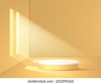 Round podium under the sun's rays from the window indoors. Vector 3d illustration.