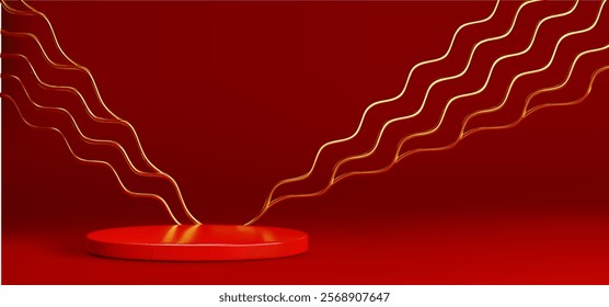 Round podium and wavy golden lines on red background. Vector realistic illustration of luxury product presentation platform, showroom with glossy display for romantic gift, advertising studio interior
