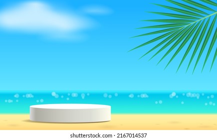 round podium white podium on sand, sea background, clouds and coconut leaves.