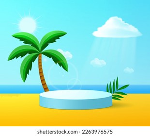 Round podium for your product on summer bright vector background with sea, sand, palm sun and clouds.