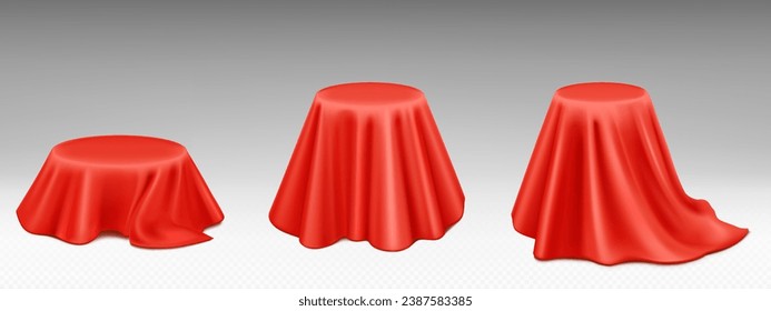 Round podiums covered with red silk cloth isolated on transparent background. Vector realistic illustration of gift box under scarlet satin curtain, low and tall platform for product presentation