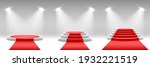 Round podiums with red carpet. Pedestals with spotlights. Vector illustration.