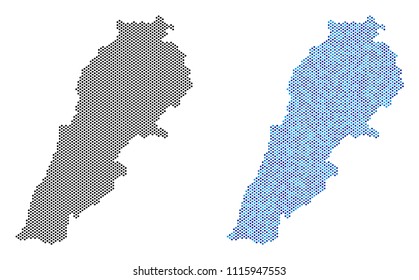Round point Lebanon map variants. Vector territory plans in black color and blue color hues. Abstract composition of Lebanon map designed with round dot array.