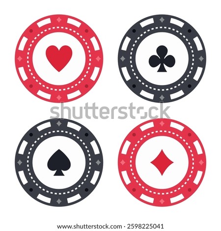 Round poker chips with different card suits, vector set of four casino items for gambling