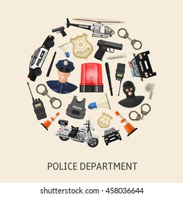 Round police composition with colored isolated icon set in big circle on beige background vector illustration