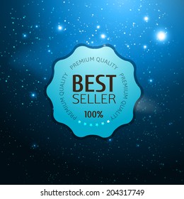 Round polished blue badge with universe background. Best seller. Vector illustration.