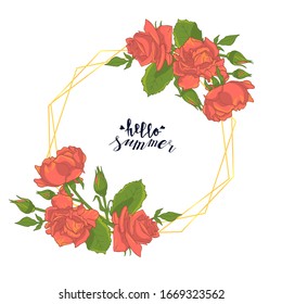 Rund mehrfarbige Linienrahmen mit handgezeichnet rosa Rosenblumen. Grußkartenvorlage. Hallo Sommertext. Vektorillustration.