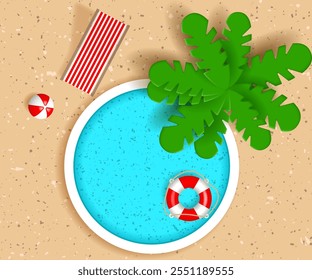 Round pool, palm tree, life buoys, beach chair and ball. Top view. Summer poster