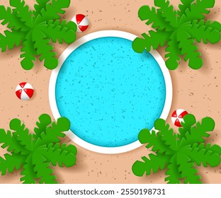 Round pool, palm trees and beach balls. Top view. Hello summer concept