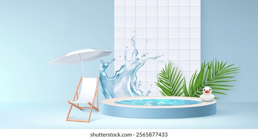 Round pool podium with water splash effect near beach lounger. Minimalist summer scene with white umbrella, palm leaves and decorative rubber duck for product display or spa promotional presentation.