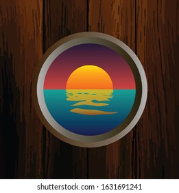 Round porthole on a wooden surface. sunset view. Vector image.