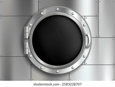 Round porthole of a submarine or bathyscaphe on a metallic background. Vector illustration