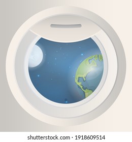 Round porthole with a view of the planet earth and the moon. Porthole with a view of space. Vector illustration.
