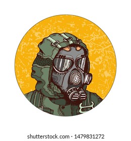 Round portrait of a man in a bio-chemical protective coat and gas mask on a yellow textured background. Sketch, icon, emblem, symbol. Vector illustration