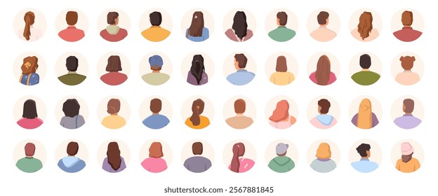 Round portraits of cartoon characters in daily clothes, look from behind. Vector isolated icons or avatars of male and female backs and hairs. Back view of heads and shoulders of men and women