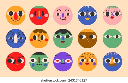 Round portraits of diverse people.Cute funny characters. Cartoon, minimal, abstract contemporary style. Avatar, icon templates. Hand drawn Vector isolated illustrations EPS10