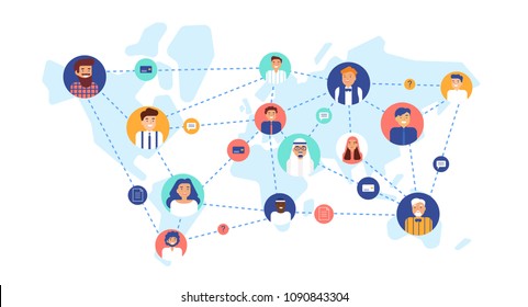 Round portraits of smiling people connected with each other on world map. International business team, global professional network, multinational company. Flat cartoon colorful vector illustration