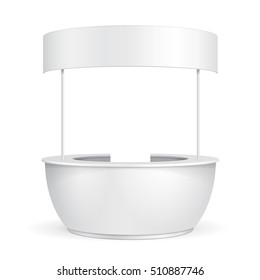Round POS POI Blank Empty Retail Stand Stall Bar Display With Roof, Canopy, Banner. On White Background Isolated. Mock Up Template Ready For Your Design. Product Advertising Vector EPS10
