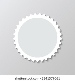 Round postage stamp. Empty circular postal stamp. Perforated post frame label. Paper postmarks for mail letter. Blank borders isolated on gray background. Vector illustration.