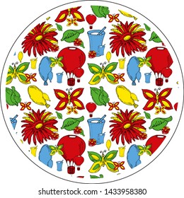 Round postcard. Summer. Flowers, leaves and butterflies. Lemonade and balloons.