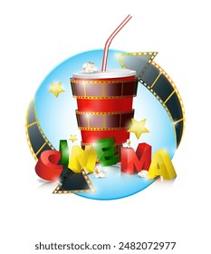 Round poster advertising the movie theater. Vector illustration