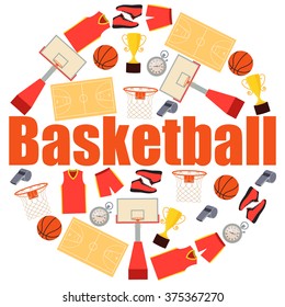 Round Poster basketball. Clothing and equipment. Vector illustration
