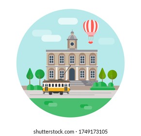 Round poster In the center of the old year, the town hall and the tram crossing the square, travel around Europe concept vector illustration